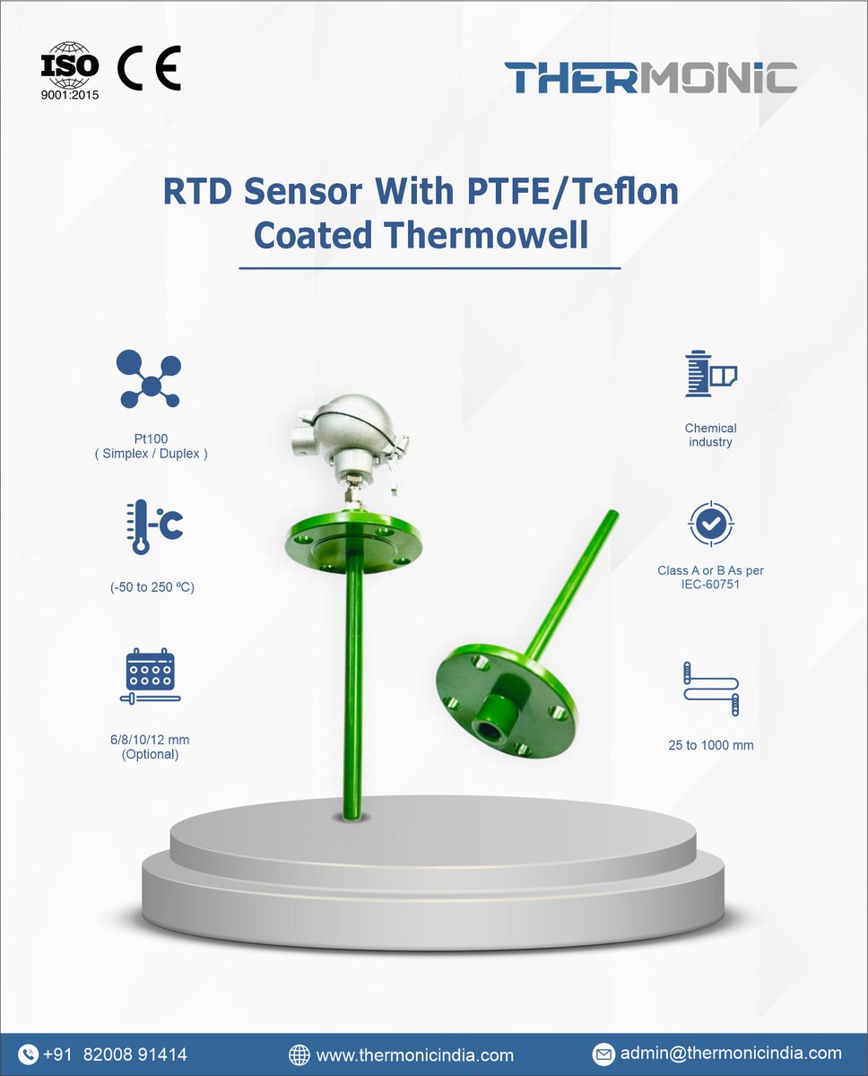 Unlock precision, reliability, and long-term performance with our RTD Sensor featuring PTFE/Teflon-Coated Thermowell, purpose-built for chemically aggressive and high-corrosion industrial environments.#IndustrialEquipment #Thermowell
