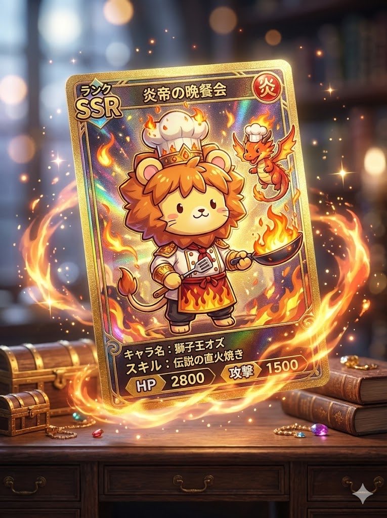 ozu_ai25's tweet image. かなまるさん（ @uniyume ） のオリキャラトレカ！✨ 

出てきたスキルは、伝説の直火焼き笑 
いったい何を焼いてるんでしょう🤣 

作りたい方は元投稿をチェック！