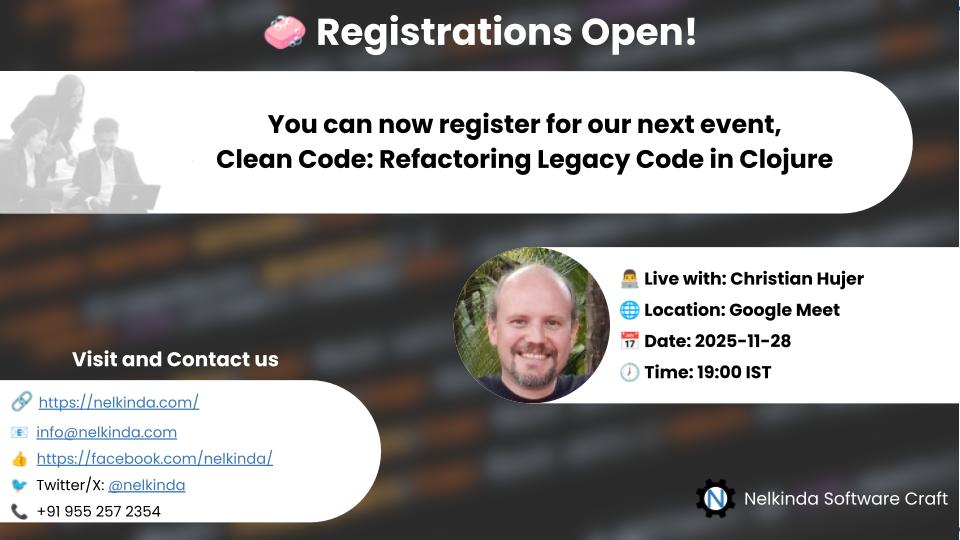 nelkinda's tweet image. 🚀 This time it&apos;s Clojure! Join @nelkinda &amp;amp; @christianhujer — Clean Code: Refactoring Legacy Code in Clojure.

📅 28 Nov | 19:00 IST | Google Meet

🎟 Triffuns: triffuns.com/events/6a6b826… or

🎟 Meetup: meetup.com/meetup-group-n…

#CleanCode #Clojure #Refactoring