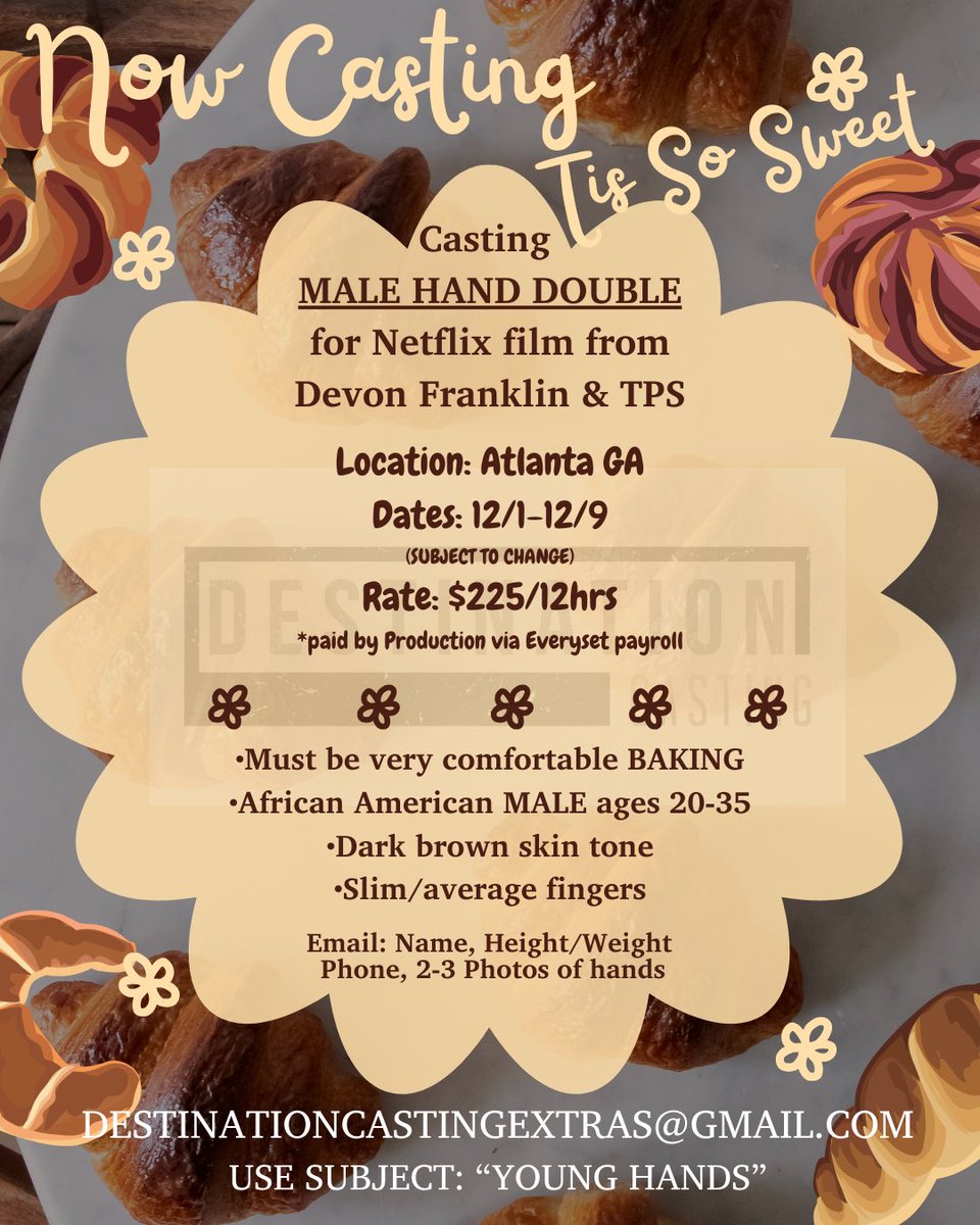 CastDestination's tweet image. Casting Tis So Sweet
MALE HAND DOUBLE for Netflix film from Devon Franklin &amp;amp; TPS
Dates: 12/1-12/9
Rate: $225/12hrs

DESTINATIONCASTINGEXTRAS@GMAIL.COM
USE SUBJECT: “YOUNG HANDS” #DestinationCasting