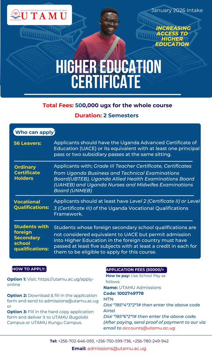 utamu_7's tweet image. Call for applications for the January 2026 intake!!! Missed direct university entry? No worries! The Higher Education Certificate (HEC) at UTAMU is your bridge to a degree. Apply now for January 2026! Undergraduate link: utamu.ac.ug/admissions/app…

@utamu_uni @baryamureeba
