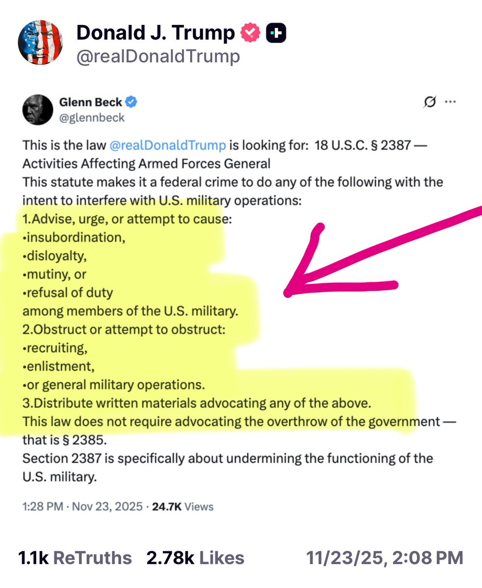 MelissaRedpill's tweet image. 🍿🍿🍿 President Trump just retruthed this.

18 USC section 2387 says it is a federal crime to do any of the following with intent to interfere with US military operation operations. 
1 advise, urge, or attempt to cause insubordination 
– disloyalty 
– mutiny or
 – refusal of…