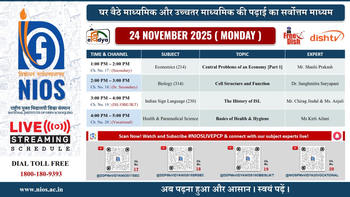 niostwit's tweet image. 🎥 NIOS LIVE PCP – 24 November 2025 (Monday)

📚 Sessions include:
✅ Economics
✅ Biology
✅ Indian Sign Language
✅ Health &amp;amp; Paramedical Science

📡 Watch on DD Free Dish Channels 17–20

#NIOSLIVEPCP #NIOS #DigitalLearning #OpenSchooling #StudyFromHome 🎓🌟
