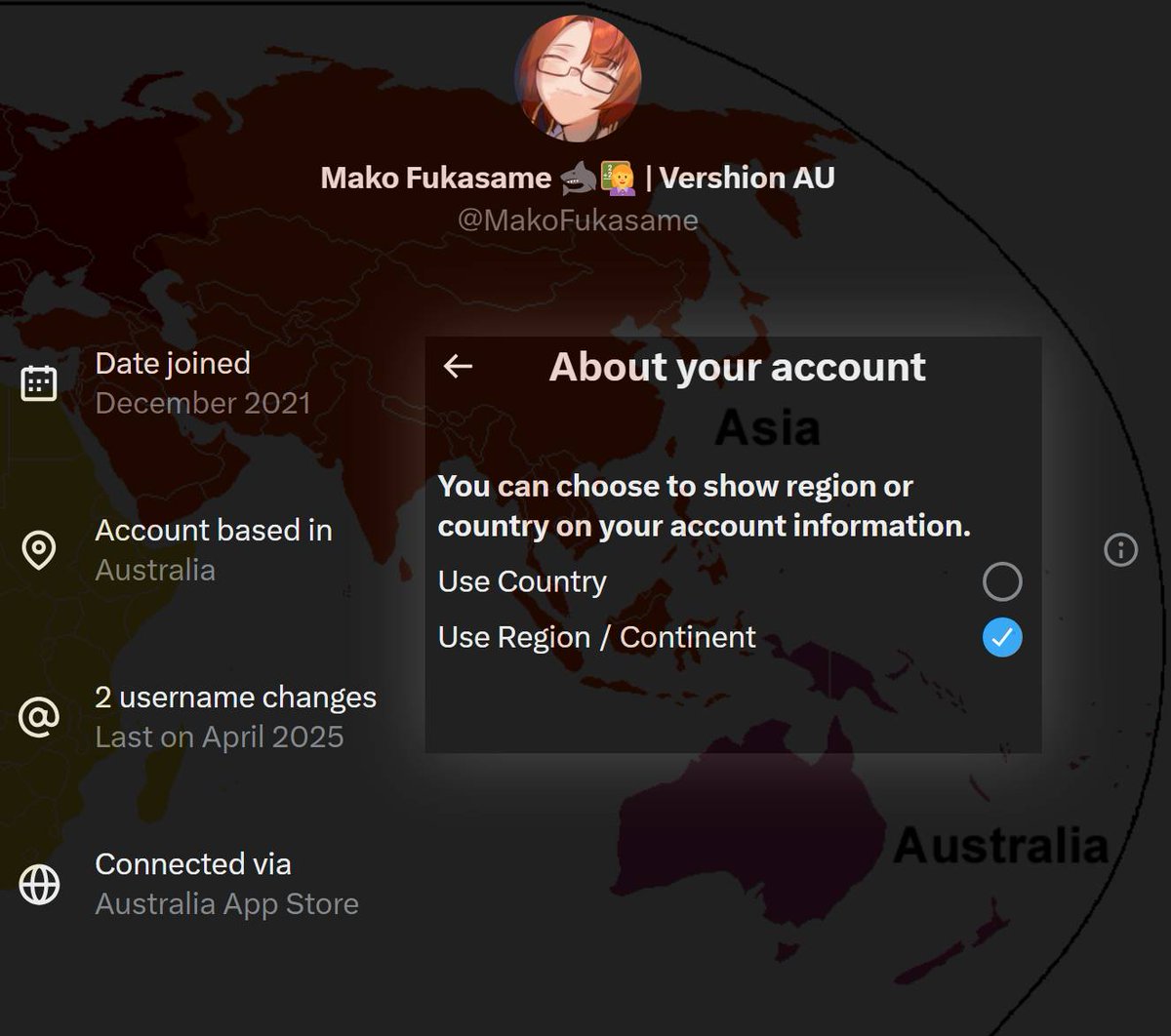 MakoFukasame's tweet photo. for maximum privacy to hide which country I live in, I have changed my location to use the continent. 
They'll never figure it out. https://t.co/XJUVc8Ky92