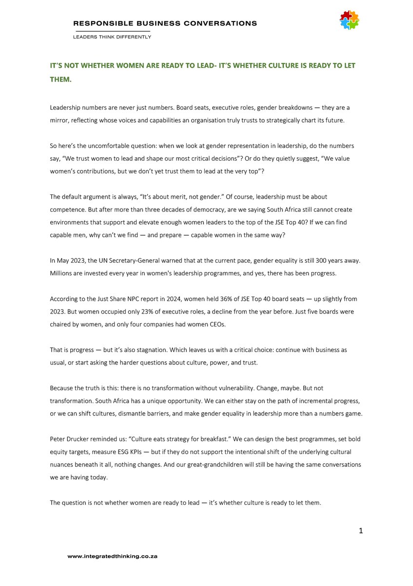 NamSaba's tweet photo. It's not whether women are ready to lead, it's whether culture is ready to let them. Leadership representation numbers are never just numbers; they are a mirror, reflecting whose voices the organisation truly trusts. What story does your company's leadership representation tell? https://t.co/woKej93RhF