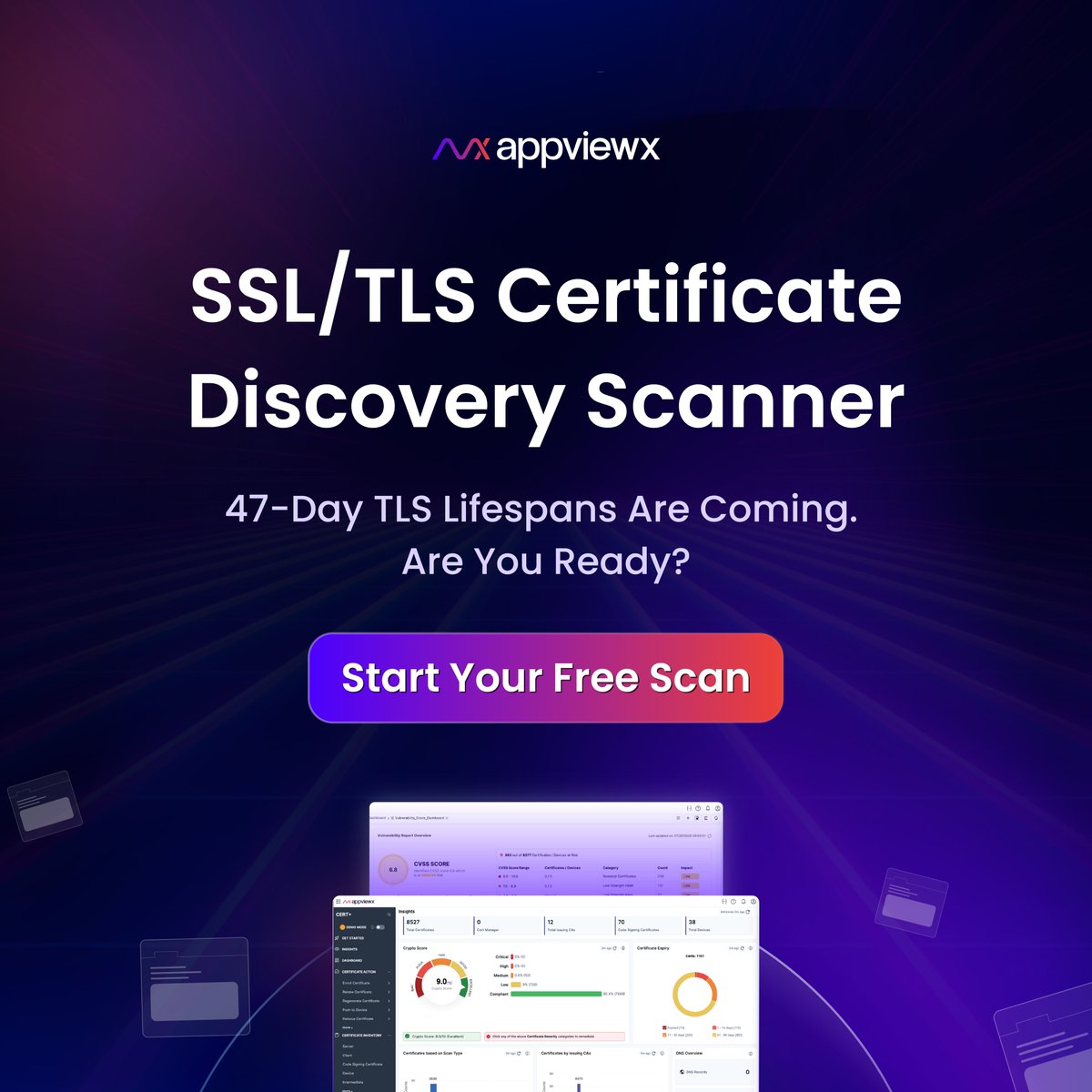 AppViewX's tweet image. 47-day TLS lifespans are coming fast. Renewal scramble ≠ strategy. Start with visibility: run a free SSL/TLS discovery scan today &amp;amp; get ready with confidence 👉appviewx.com/free-ssl-tls-c…