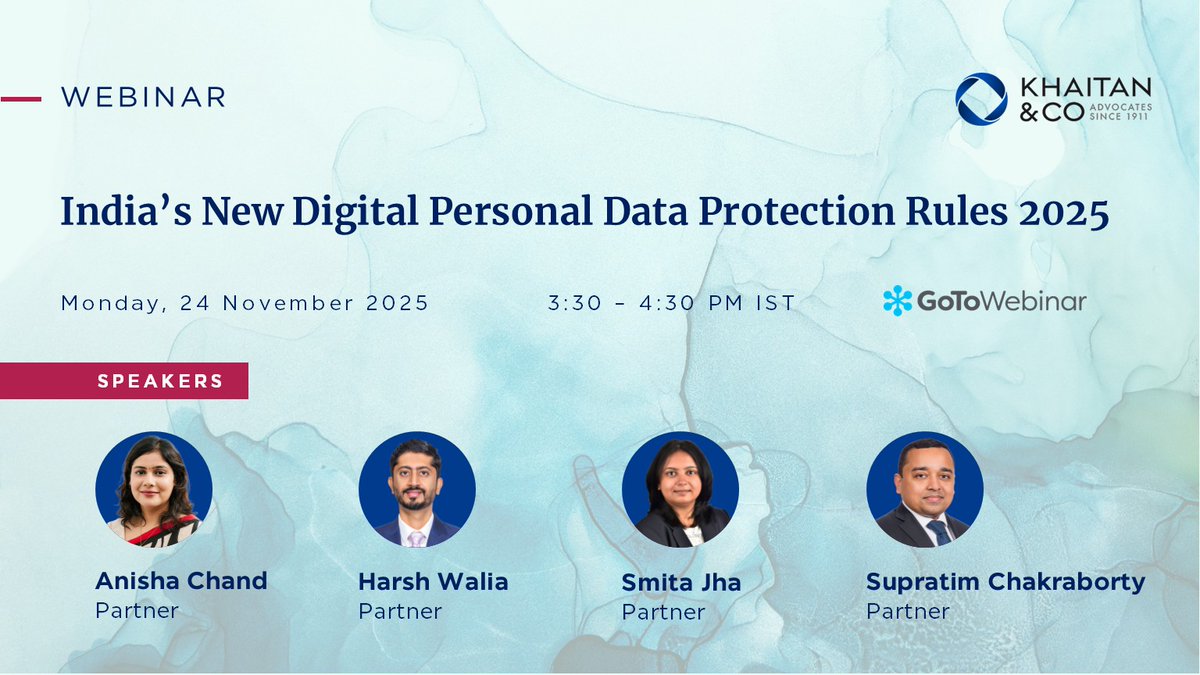 KhaitanCo's tweet image. Join us for a webinar where we will explore key aspects of the Digital Personal Data Protection Rules 2025, including the phase-wise implementation roadmap, compliance duties and penalties, etc. 

lnkd.in/gACB5Quc

#KhaitanCo #KCOInsights #DataProtection #DPDPRules