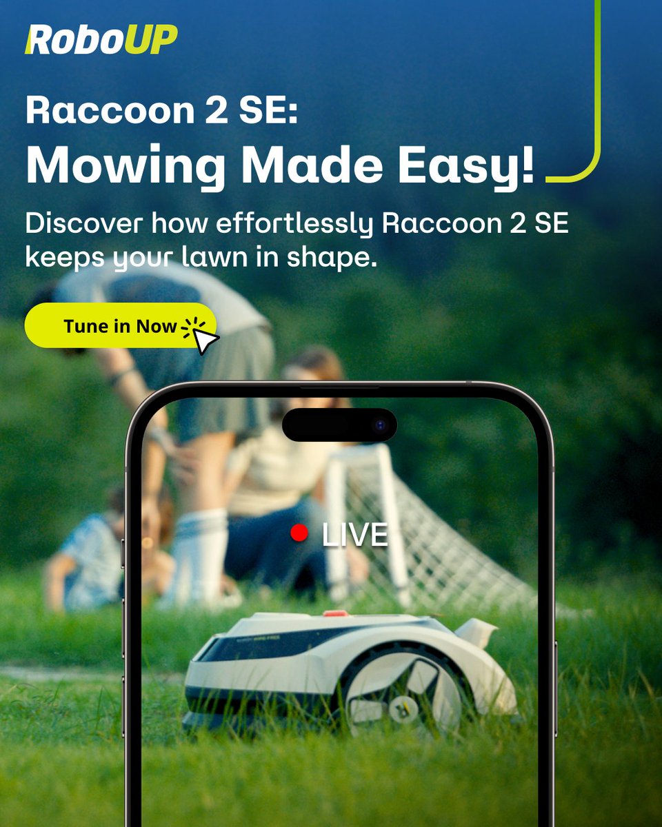 iRoboUP's tweet image. 🎥 Raccoon 2 SE Live Demo: Mowing Made Easy

Want to see how effortlessly the Raccoon 2 SE sets up, starts, and keeps your lawn in shape? The perfect solution for small gardens and busy homeowners! 🌱 

📅 Live Time
🇺🇸 U.S. (EST): Nov 24, 9:00 PM
🇩🇪 Germany (CET): Nov 25, 3:00 AM…