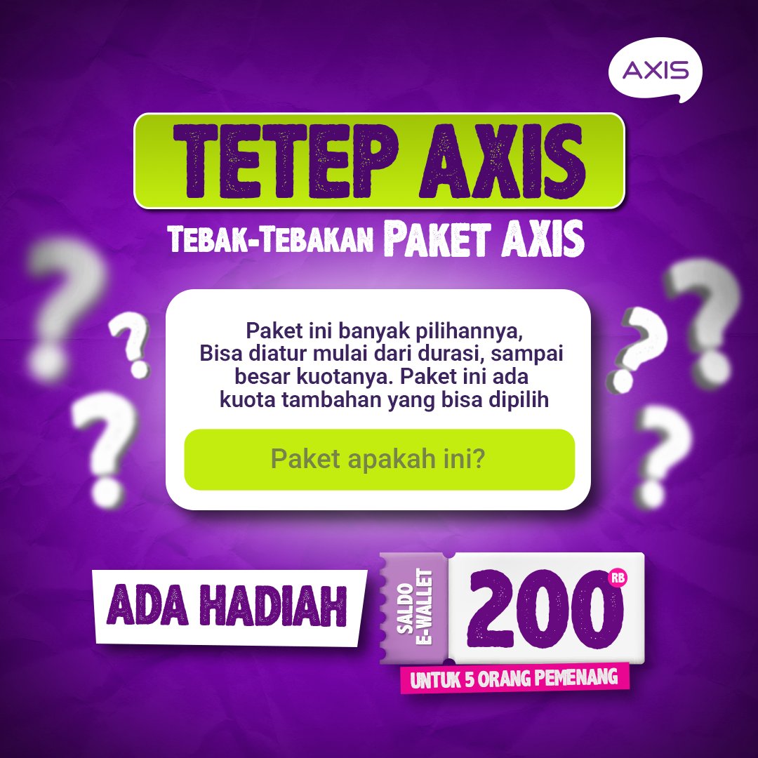 GIVEAWAY TIMEE!
Ada saldo e-wallet buat kamu yang sekali AXIS, TETEP AXIS!

Caranya:
1.Follow @axisgsm
2.Reply jawaban dan tag 2 temen kamu buat ikutan (boleh sebanyak-banyaknya 🙌)
3. Sertakan #TebakKataSukaSuka #EmangKitaBeda di jawaban kamu

Periode 24 - 30 November 2025