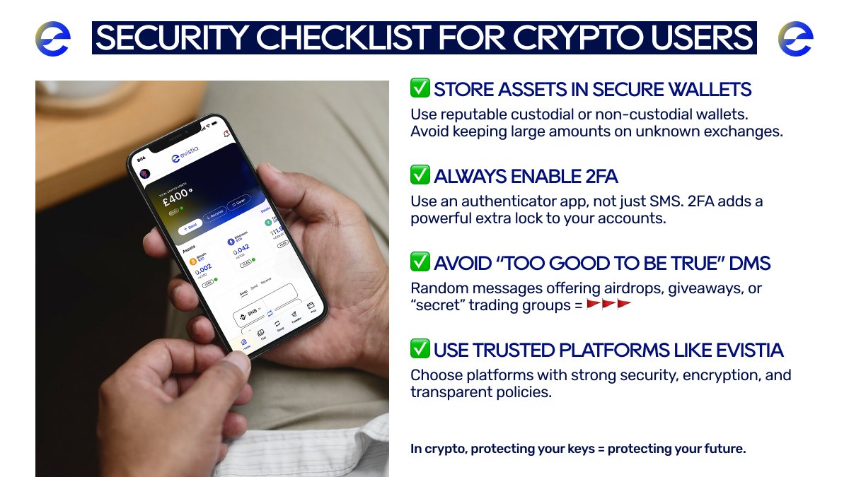 evistia's tweet image. 🔐 #Crypto in 2025 = amazing… and full of traps.

Here’s your #SecurityChecklist for Crypto Users:
✔ Store assets in secure wallets
✔ Turn on 2FA
✔ Ignore “free airdrop” DMs

With #Evistia, security isn’t a feature — it’s the default. 🛡️

#CryptoSecurity #DigitalBanking