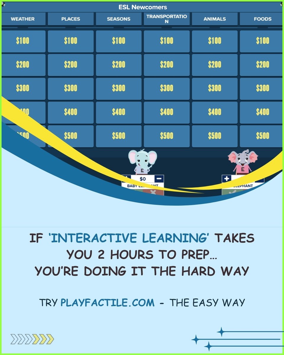 playfactile's tweet image. We all want engaging, interactive lessons for our students, but if building a game board is taking you 2 hours, it’s time for a change. 🙅‍♀️

Check out playfactile.com and get your time back!

#teacherlife #interactivelearning #edtech #eslteacher #lessonprep #gamification