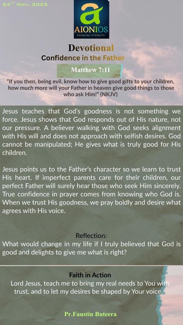 Aionios23's tweet photo. God’s plans for us are to prosper us always… he responds out of his nature and not our pressure. Remember to stay close to his feet even after letting your requests known to him. 
Happy Monday Aionios family.
#thinkingeternity #devotional https://t.co/C8buY1PcV1