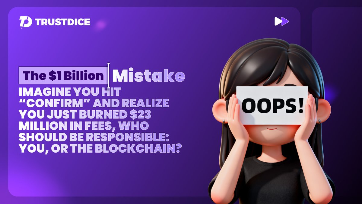 TrustDice's tweet image. In 2021, a user accidentally paid $23.5 million in Ethereum gas fees for a single $100K transaction.
💭 Imagine you hit “confirm” and realize you just burned $23 million in fees, who should be responsible: you, or the blockchain? 
➡️ cutt.ly/Zr68MOzO

#TrustDiceFun…