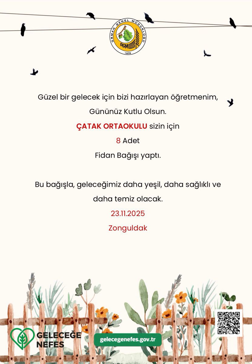 Yeşil Vatan için bir fidan da bizden! 🌿

Çatak Ortaokulu idaresi, 24 Kasım Öğretmenler Günü kapsamında 8 öğretmenimiz adına 8 fidan bağışladı.

Emek veren tüm öğretmenlerimize minnettarız. 💚
#ÖğretmenlerGünü #GeleceğeNefes #YeşilVatan <a href="/cevatcevik67/">Cevat Çevik</a> <a href="/turansezgin67/">Sezgin Turan</a>