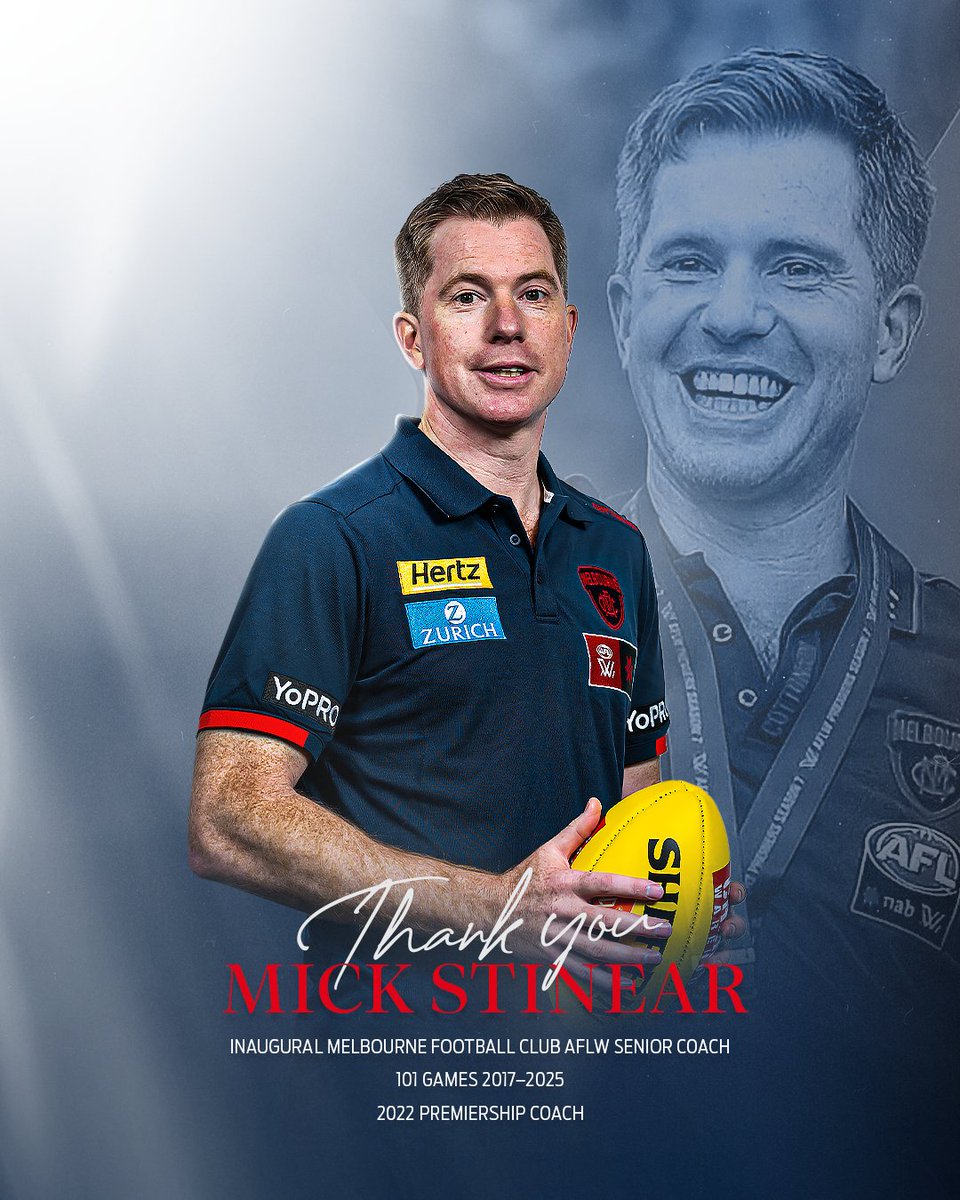 MelbourneAFLW's tweet image. Farewelling our inaugural AFLW senior coach who led us to a history-making premiership ❤️ Mick Stinear has made the difficult decision to depart the club after 10 seasons at the helm.

📝 | mfcde.es/4oZB4bi