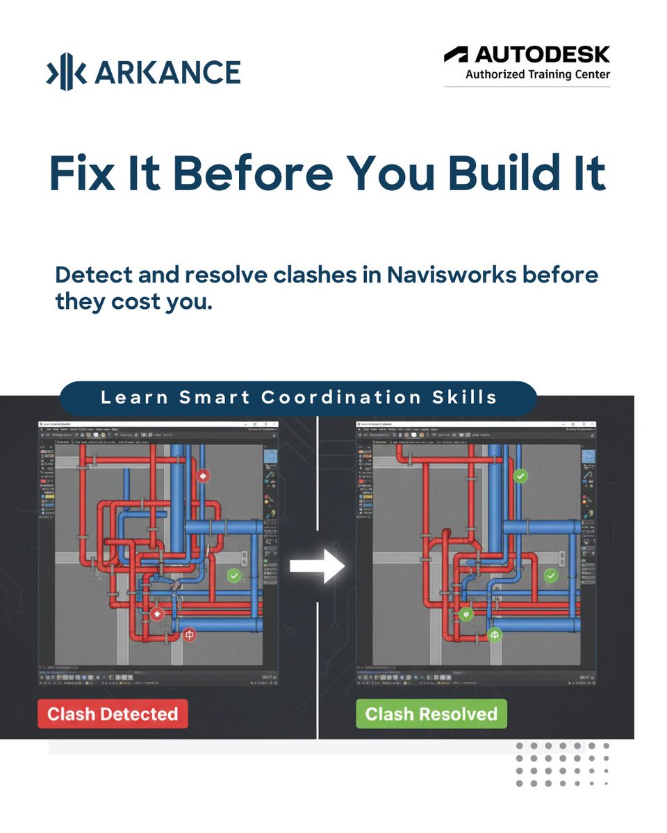 Arkancein's tweet image. Every clash on-site costs time and money. 💸
With Navisworks, you catch coordination issues in architecture, structure, and MEP before construction starts.

Prevent rework. Build smarter.
👉 eu1.hubs.ly/H0pVQP_0

#BIM #Navisworks #ClashDetection #BIMTraining