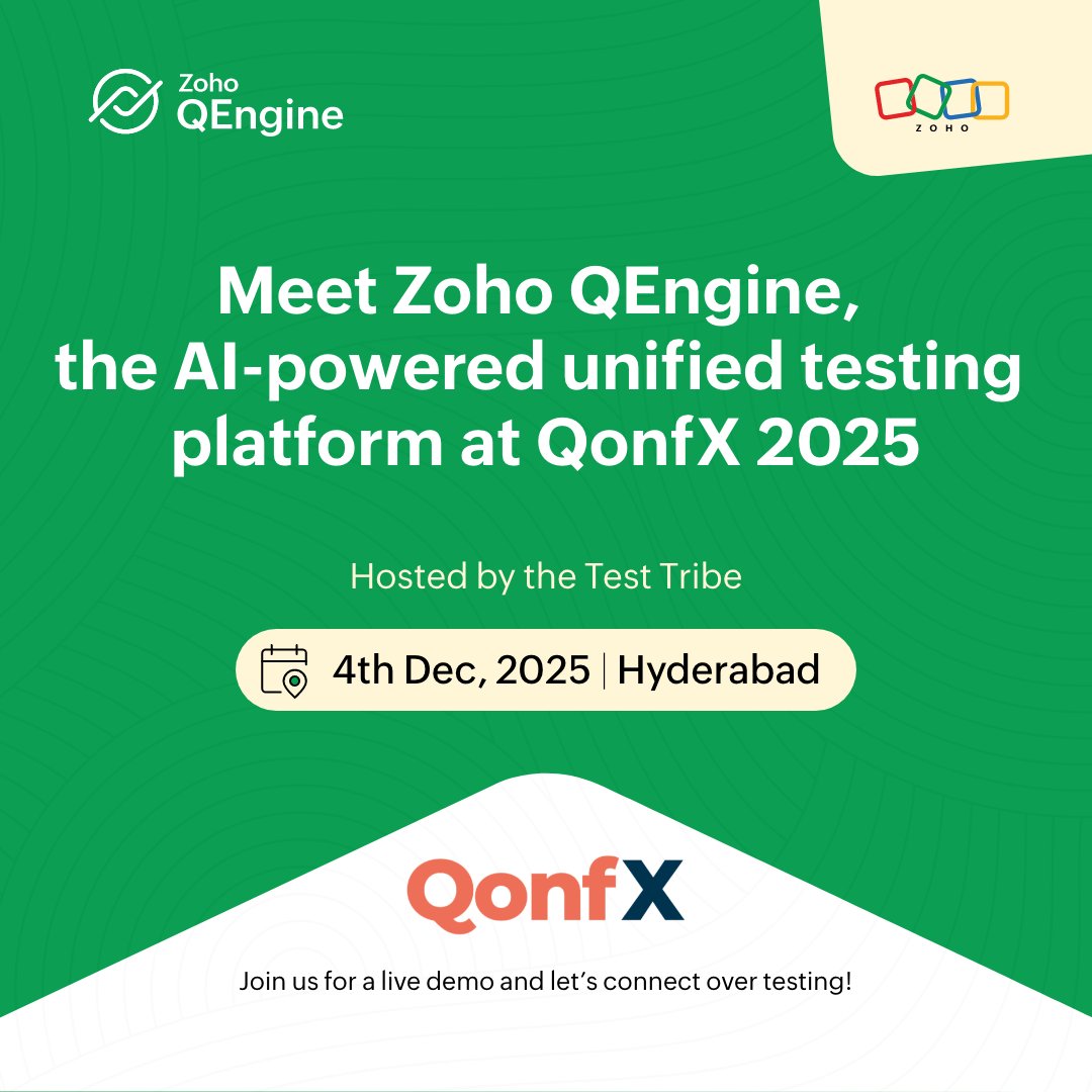 ZohoQEngine's tweet image. Zoho QEngine team will be there at #QonfX2025 hosted by @the_test_tribe on 4th Dec, 2025 at Hyderabad. 

Visit our booth to meet our product experts for one-on-one sessions or to explore how Zoho tests products on Zoho QEngine.

#ZohoQEngine #TestAutomation #QonfX2025 #Zoho