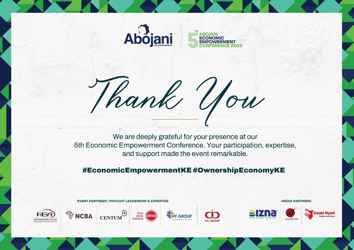 Gratitude is the first step in elevation!

We are truly humbled and grateful to <a href="/AbsaKenya/">Absa Bank Kenya</a> and <a href="/RBAKenya/">RBA Kenya Official</a>  our thought leadership partners, key sponsors including <a href="/NCBABankKenya/">NCBA Bank</a> , <a href="/CentumRE/">Centum Real Estate</a> , <a href="/hfc_kenya/">HFC Kenya</a> , <a href="/CICGroupPLC/">CIC Group PLC</a>  and key business partners i.e <a href="/SwalaNyetiKe/">Swalanyeti.co.ke</a> , <a href="/biznakenya/">Bizna Kenya</a> and