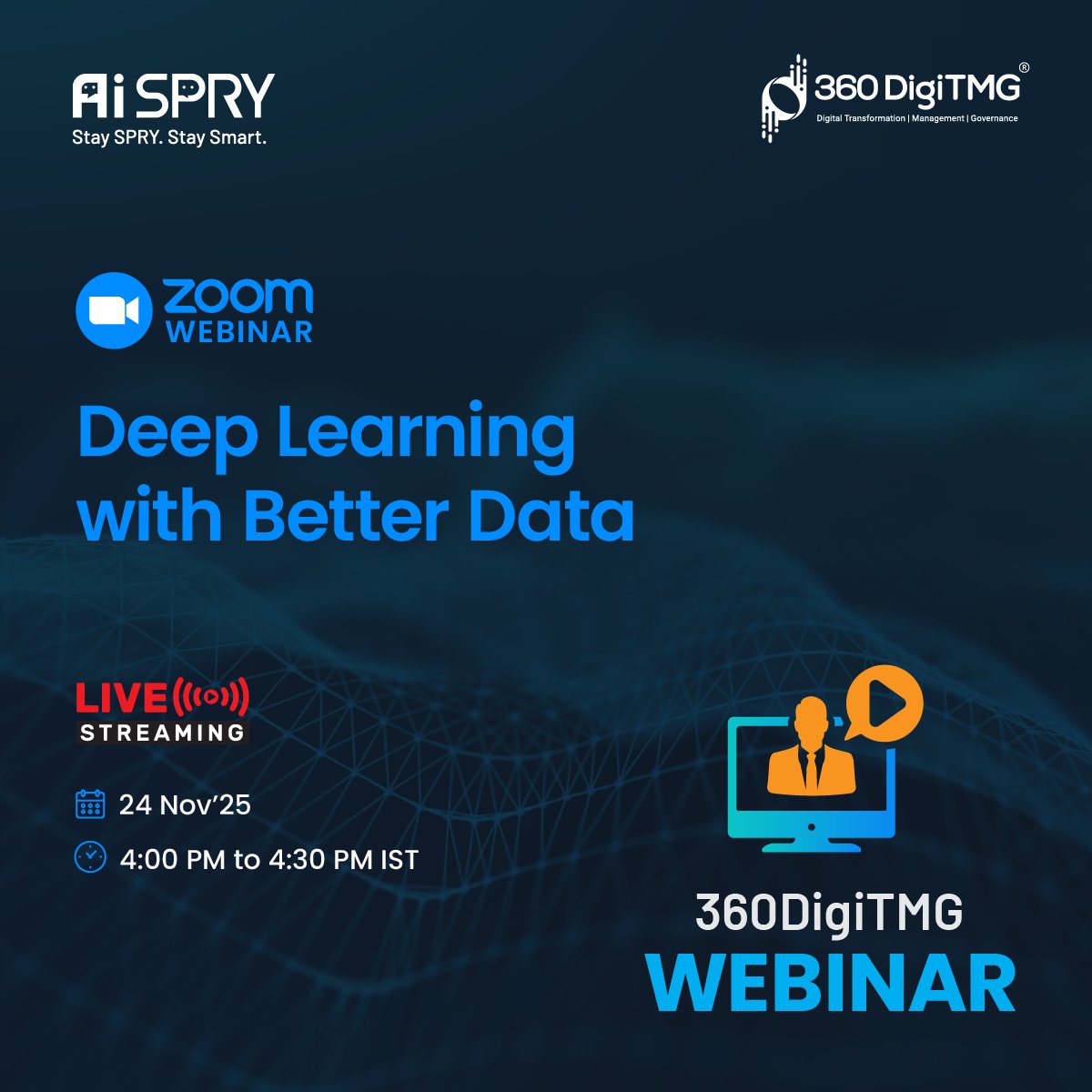 360digitmg's tweet image. 🚀 Deep Learning with Better Data | 360DigiTMG🚀

📅 Date: 24th November 2025
🕓 Time: 4:00 PM IST

📝 Register Now by clicking the link below 👇
360digitmg.zoom.us/webinar/regist…

#DeepLearning #AITraining #BetterData #MachineLearning #DataQuality #360DigiTMG #AIModels #MLEngineering
