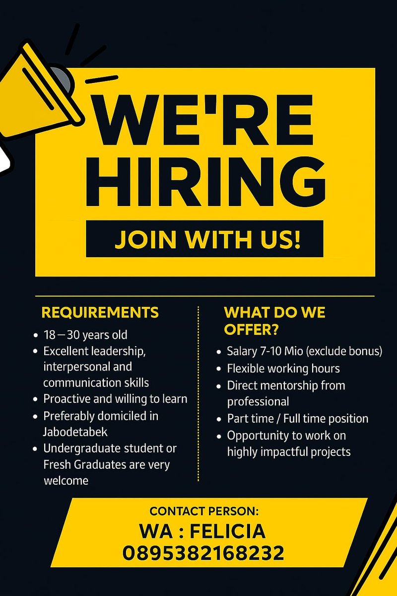 Kamu sedang cari tempat kerja yang bisa bikin kamu berkembang, bukan cuma kerja? Kami lagi nyari orang-orang muda yang semangat, mau belajar, dan punya komunikasi yang baik.

Kerja fleksibel, income menarik, dan mentoring langsung dari professional

Langsung WA