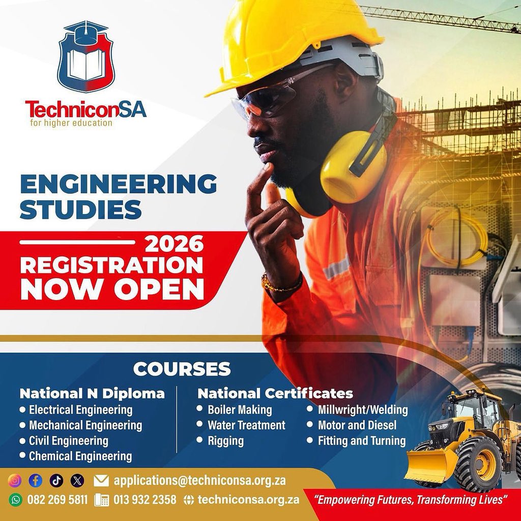 techniconsa's tweet image. *2026 REGISTRATION ARE OPEN*!!!❤️✨

Building the future, one innovation at a time. Proud to be part of the Faculty of Engineering where ideas turn into reality! 🚀🔧 

🌐techniconsa.org.za 

#FacultyOfEngineering #FutureEngineers #Innovate#EngineeringExcellence #registernow
