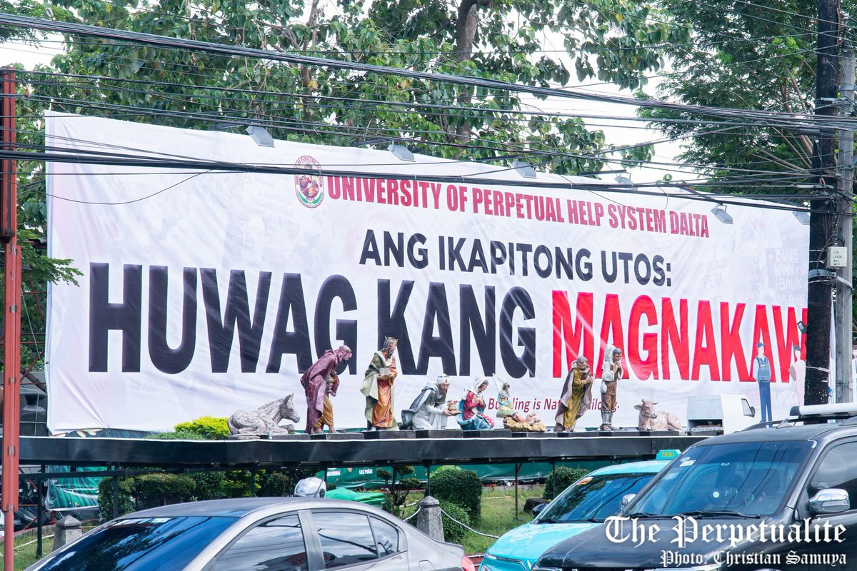 pinas_city's tweet image. &apos;HUWAG KANG MAGNAKAW&apos;

University of Perpetual Help System DALTA- Las Piñas displayed a tarpaulin &apos;HUWAG KANG MAGNAKAW&apos; outside the university lane amid the widespread corruption in government.

#LPCUpdate
#LasPiñas 
#StopCorruption

📸 Christian Samuya/ The Perpetualite