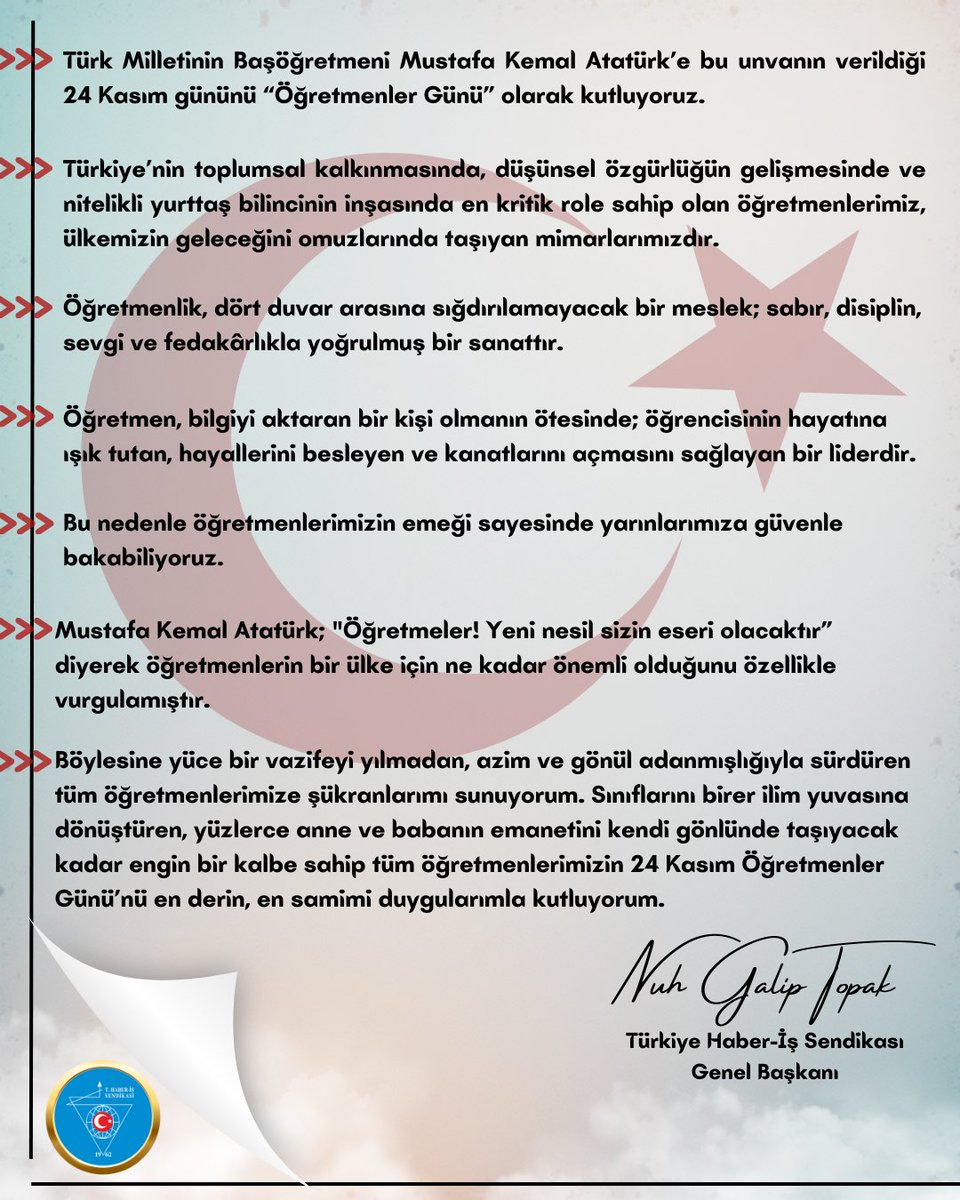 NuhGalipTopak's tweet photo. Tüm öğretmenlerimizin 24 Kasım #ÖğretmenlerGünü kutlu olsun. https://t.co/H6Kq7k6wGN