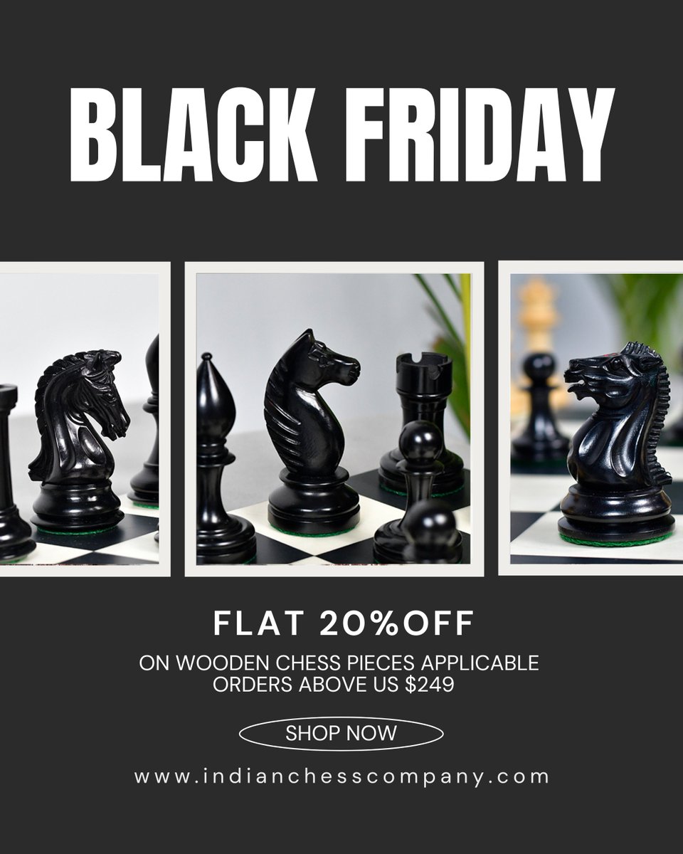 indianchessco's tweet image. ♟️ Black Friday Deal!   Get 20% OFF wooden chess pieces on orders over $249. 🛒 Shop now: indianchesscompany.com #blackfriday #sale #chesspieces #indianchesscompany