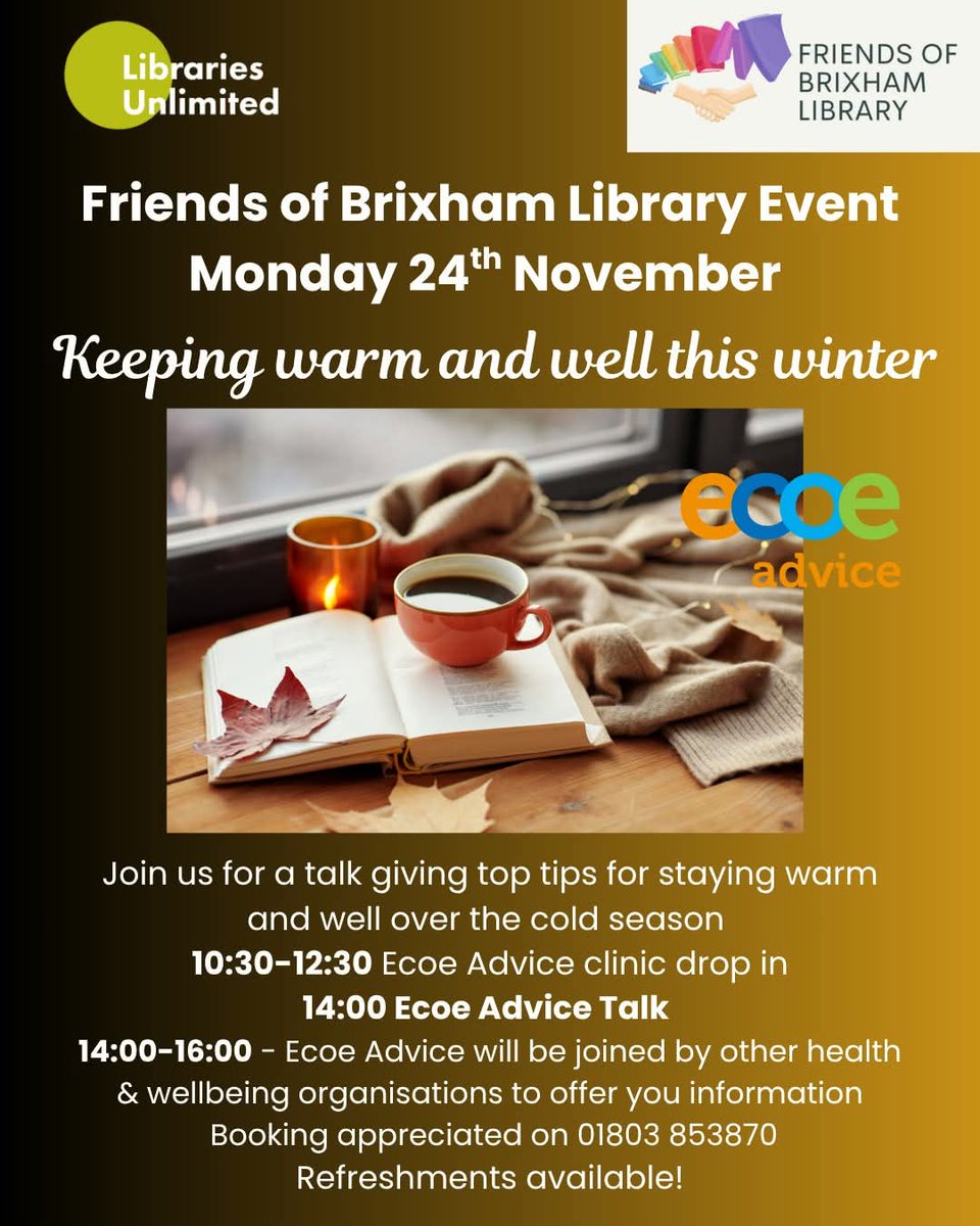 Some of our volunteers will be at this event at Brixham Library later. Great opportunity to meet us and find out more about what we offer.