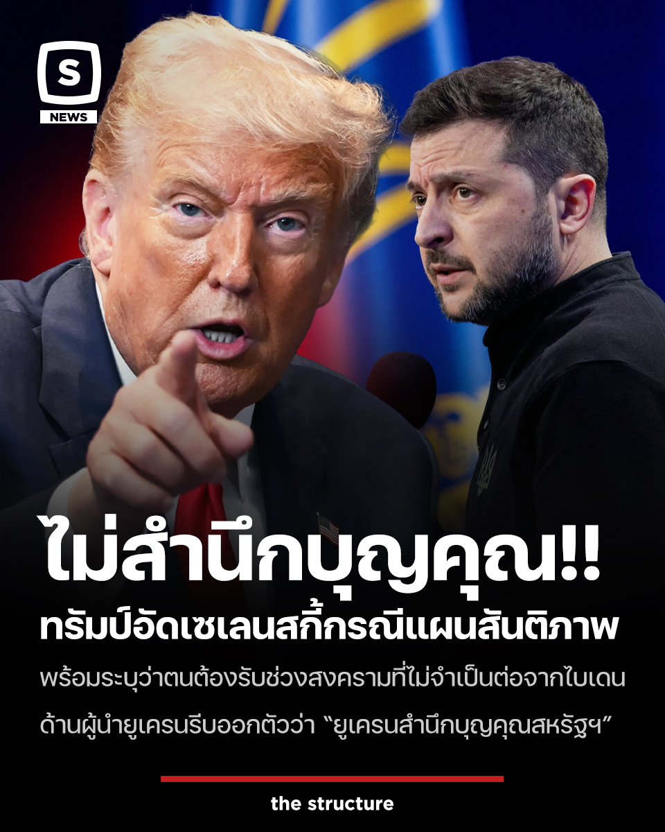 TheStructureTH's tweet image. 24 พ.ย. 2568 โดนัลด์ ทรัมป์ ประธานาธิบดีสหรัฐฯ ออกมาโพสต์ว่ากล่าวเซเลนสกี้ ผู้นำยูเครนอย่างรุนแรง โดยระบุว่า ผู้นำยูเครนนั้น &quot;อกตัญญู/ไม่สำนึกบุญคุณ&quot; ต่อสิ่งที่สหรัฐฯ พยายามทำเพื่อยุติสงครามรัสเซีย–ยูเครน

&quot;ผมรับช่วงต่อสงครามที่ไม่ควรจะเกิดขึ้นครั้งนี้มาจากรัฐบาลไบเดน…