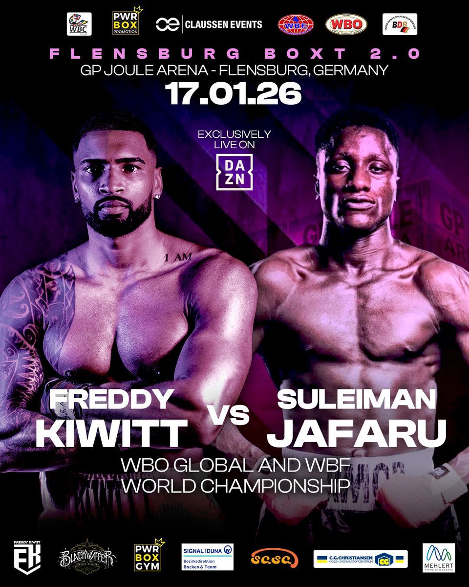 IT’S ON!
🔥 Main Event: <a href="/TeamKiwitt/">Freddy Kiwitt</a> 🇩🇪🇱🇷 vs. @armortanka 🇳🇬 🔥
12 rounds of action for the WBO Global &amp; WBF World Title live on <a href="/DAZNBoxing/">DAZN Boxing</a> ! 🥊 

🎟️ Get your tickets now on <a href="/eventimDE/">Eventim (DE)</a> 
🍿 Grab your popcorn &amp; get ready for fireworks at the GP Jule Arena!
#pwrboxpromotion