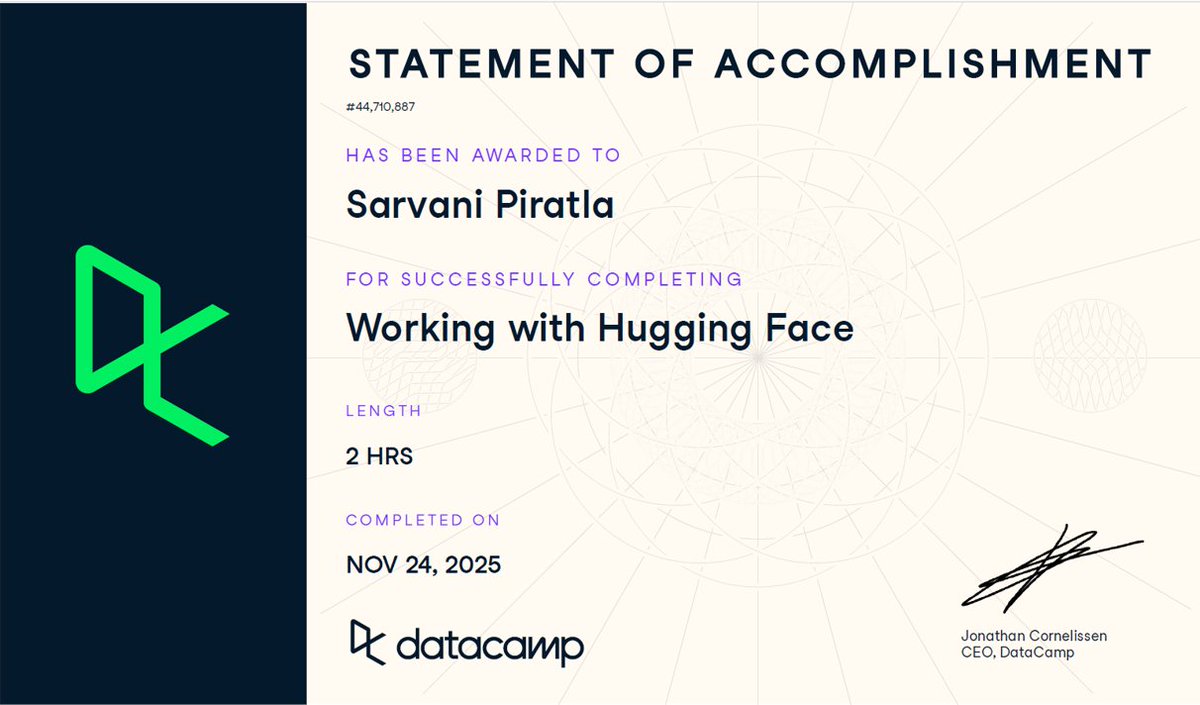 sphavisha's tweet image. In the #Datacamp course - &apos;Working with Hugging Face&apos; 🤗

Learnt how to harness Hugging Face - from finding the right models/datasets to building powerful AI pipelines. 

Text classification, summaries, document chats, end-to-end workflows… all in one place
#SPReboot 22/n