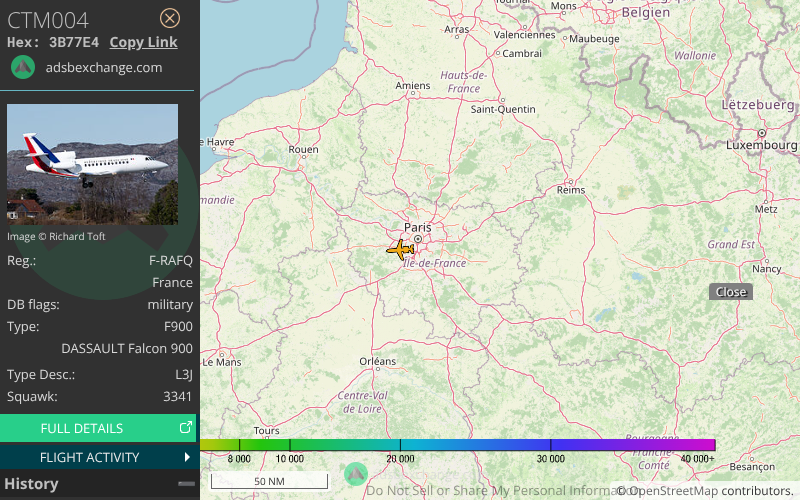 🛫 🛫 Le DASSAULT Falcon 900 F-RAFQ CTM004 de la flotte de l'ET 060 a éte détecté près de l'aéroport Aéroport de Villacoublay (VIY/LFPV) - Suivi: globe.adsbexchange.com/?hideSidebar&h…