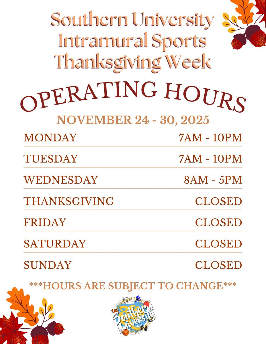 Heads up, Jags! 💛💙
Check out our Intramural Sports Thanksgiving Week hours.
Wishing everyone a safe and blessed holiday! 🦃✨
