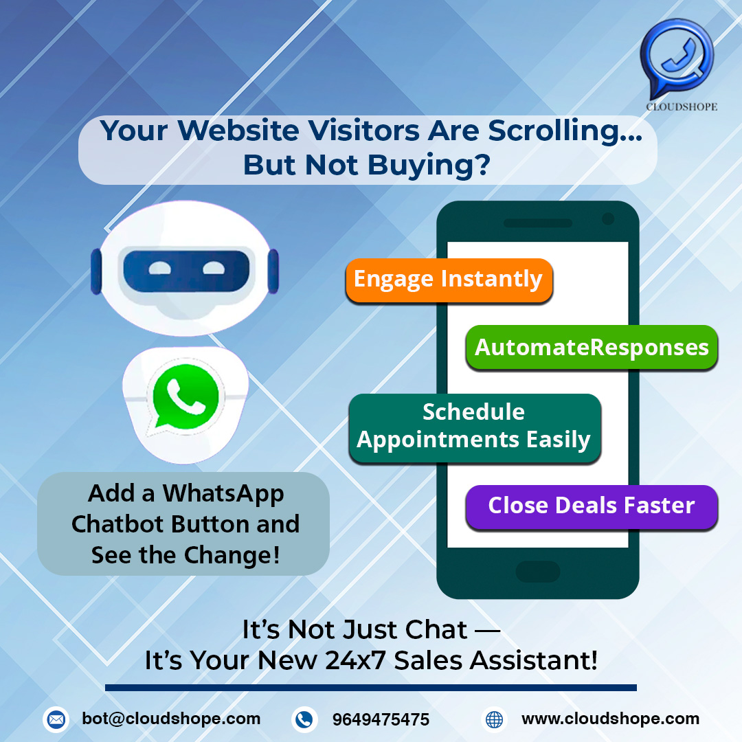 CloudShopeTech's tweet image. Your website visitors are scrolling… but not buying?
Add a WhatsApp Chatbot Button and see the change!

It’s not just chat - it’s your new 24x7 sales assistant!

#whatsappchatbot #saas  #businessgrowth #customersupport #crmsoftware #automationtools  #tollfreenumber #cloudshope