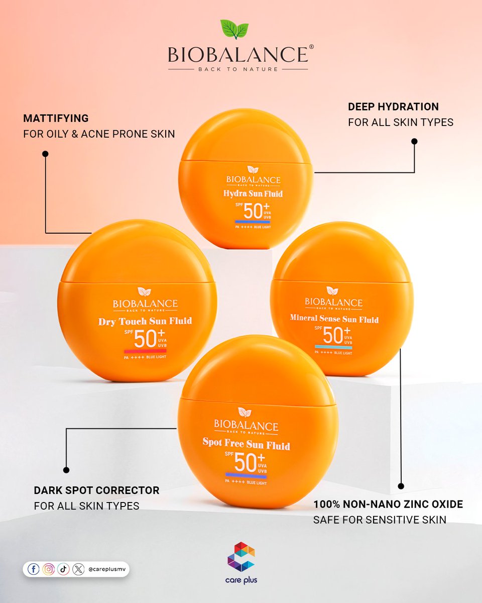careplusmv's tweet image. ☀️ Meet your new summer essentials!
Our 4 new Sun Fluids (SPF 50+) are here to protect, perfect, and glow with you — all day, every day.
Lightweight, reef-safe, invisible protection your skin will love. ✨

#careplusmv #biobalance #sunfluid #sunscreeneveryday