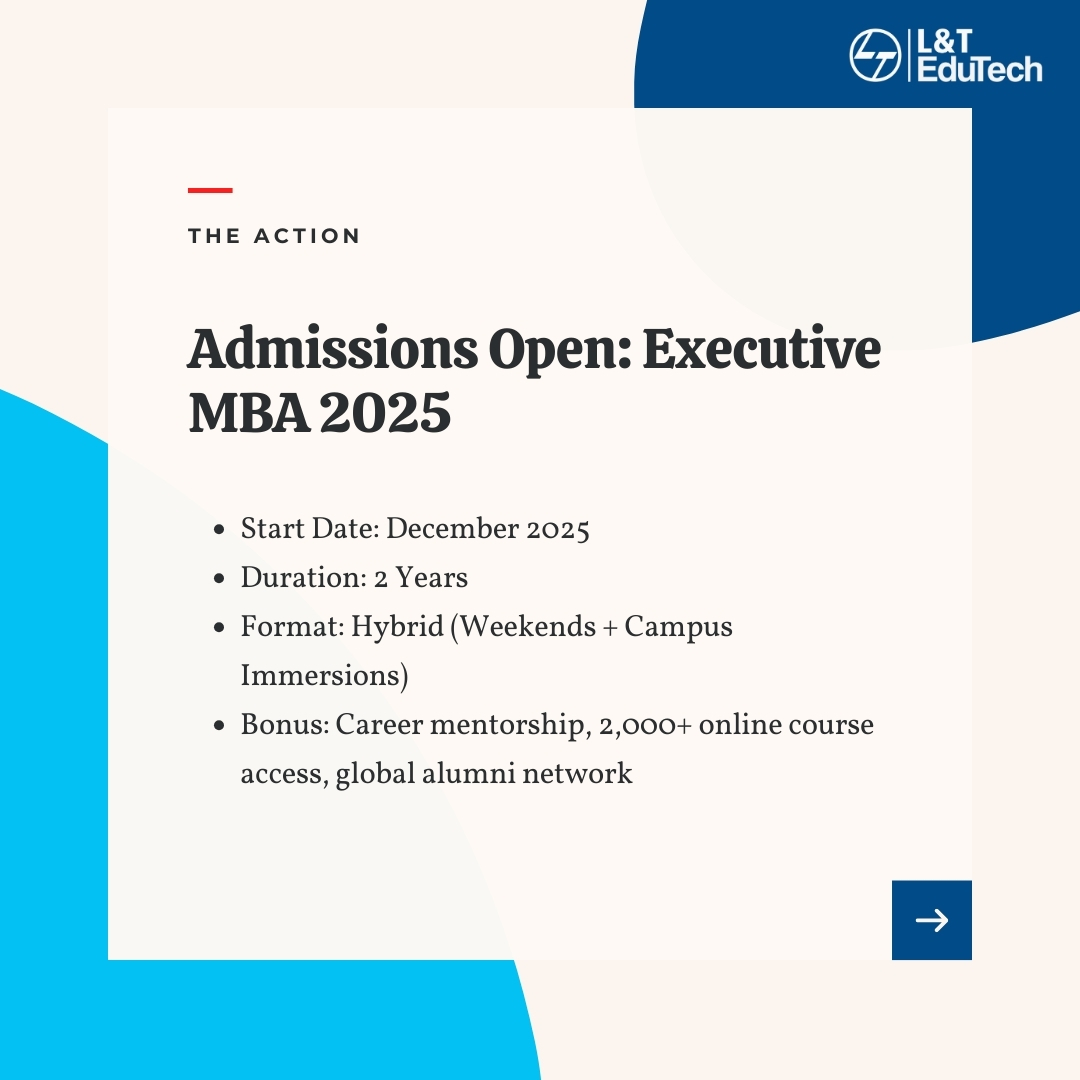 lntedutech's tweet image. AI is reshaping leadership — are you ready? The Executive MBA by L&amp;amp;T EduTech &amp;amp; KREA University equips working professionals with skills in strategy, AI, data &amp;amp; innovation. 
Admissions 2025 open. Limited seats.
Apply now: lntedutech.com/executive-mba/…
#ExecutiveMBA #LnTEduTech