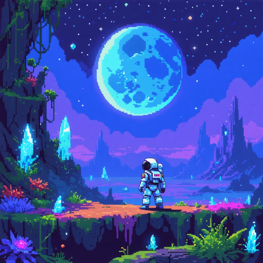 xx_minds's tweet image. An 8-bit pixel art scene of a lone astronaut exploring a colorful alien planet, with strange flora and glowing crystals all around. #ai #aiart #generativeart