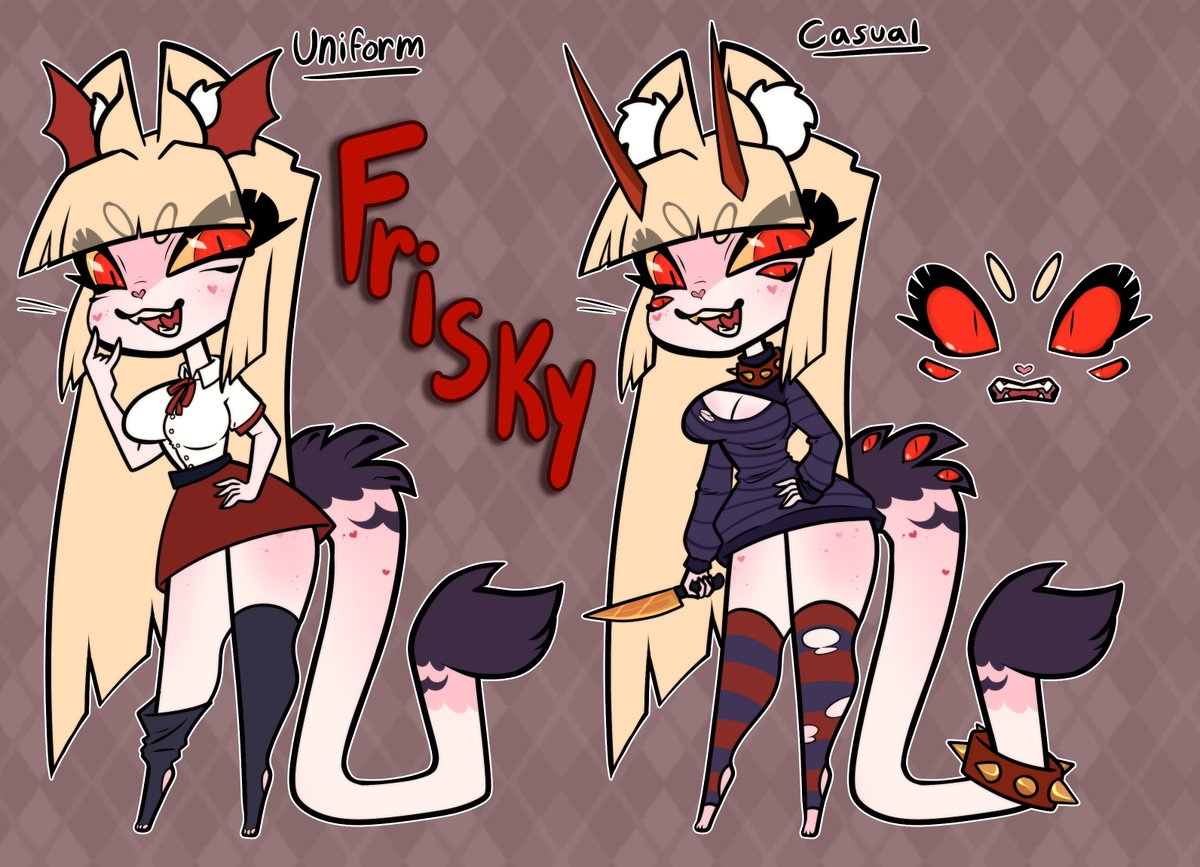 NimdaBunny's tweet image. I DID IT! (Even after my pc crashed and i lost the files.. its fine)

MEET FRISKY! Your hellish little hell cat! A vigilante assassin/murderer before death, shes mostly retired from her unsavory occupation! Now she works a desk job helping sinners find jobs. #HazbinHotel