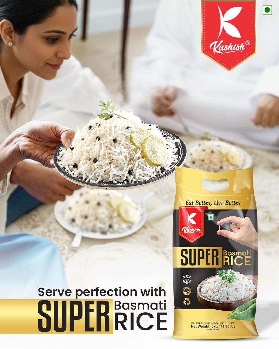 Serve your loved ones the best.
Every grain of Kashish Super Basmati Rice is perfection, ensuring your family table is filled with delightful aroma and taste. Eat Better, Live Better.