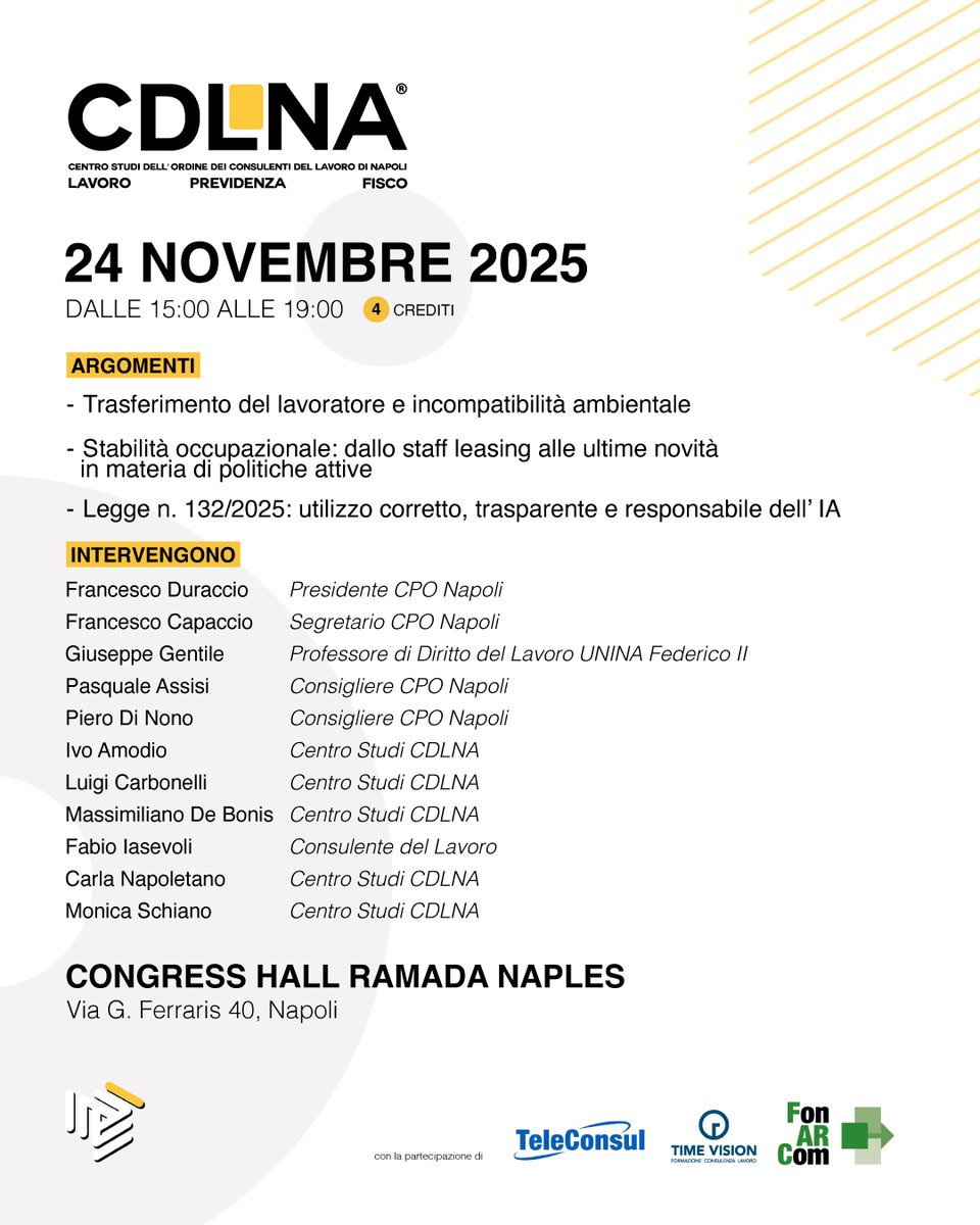📣Vi ricordiamo che oggi dalle ore 15:00 alle ore 19:00 presso il “Congress Hall Ramada Naples” si svolgerà un evento con tanti interessanti argomenti 
⚠️Novità per quanto riguarda la maturazione dei crediti formativi 
Per approfondire e prenotarsi👇
ordinecdlna.it/evento-formati…