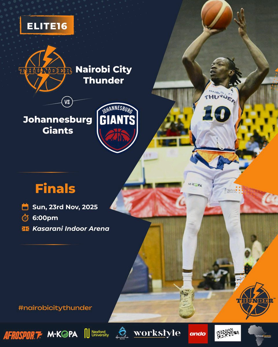 SamuelAsango's tweet photo. Job Done!! 👏🏾 👏🏾@nct_basketball 🇰🇪complete another perfect run in the #Elite16 and are the 2026 Champions.
The Thunder beat the #JohannesburgGiants 🇿🇦 94-84 to claim their second back-to-back #Elite26 Championship.
#Elite16 #NairobiCityThunder #RoadtoBal https://t.co/Y5Nr5H5fxx