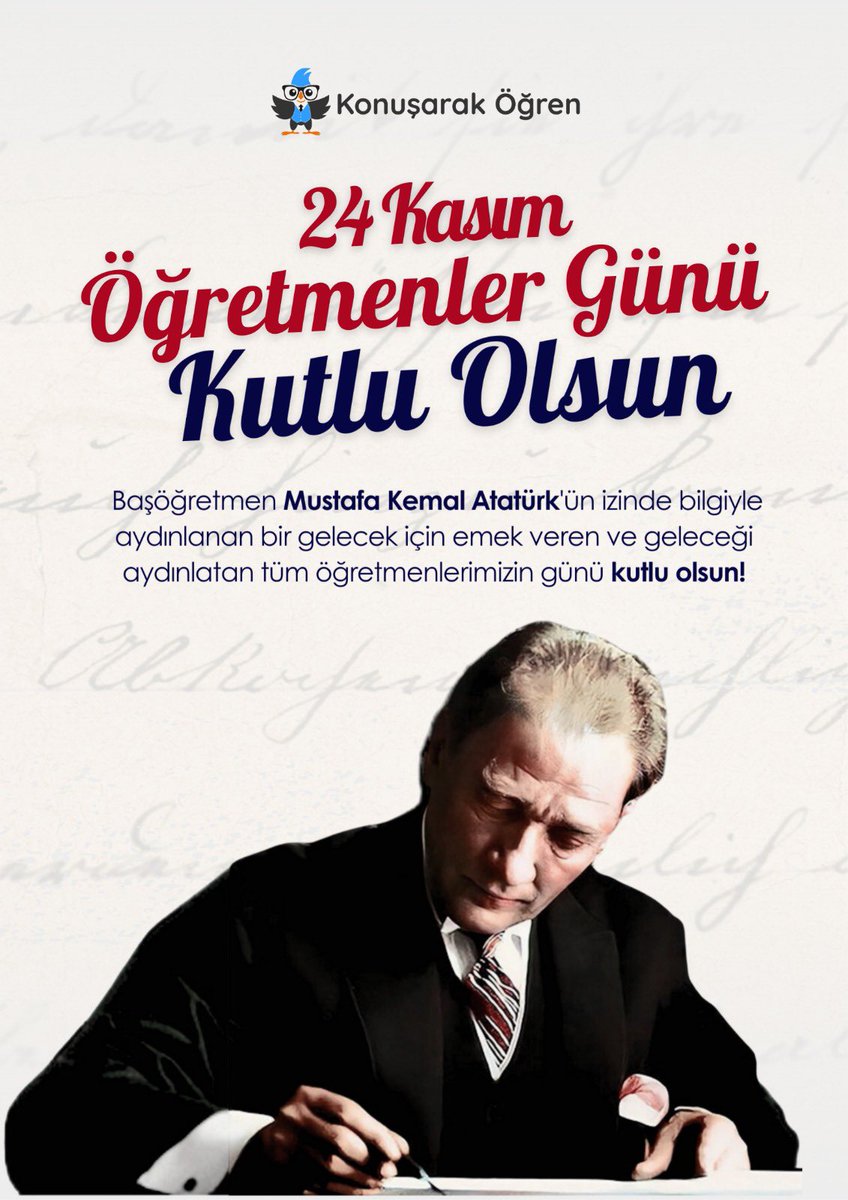 Baştа başöğretmen Mustafa Kemal Atatürk olmak üzere tüm öğretmenlerimizin Öğretmenler Günü kutlu olsun. 📚💐

#24Kasım #öğretmenlergünü  #ingilizce #konuşaraköğren #MustafaKemalAtatürk