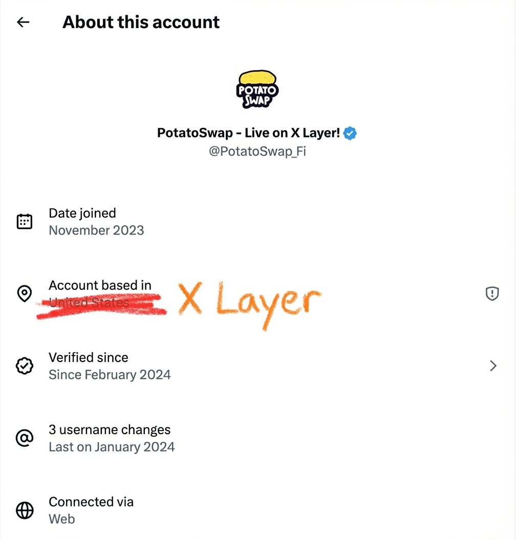 PotatoSwap_Fi's tweet image. How do we change our IP to @XLayerOfficial ? We’re actually native… promise😳