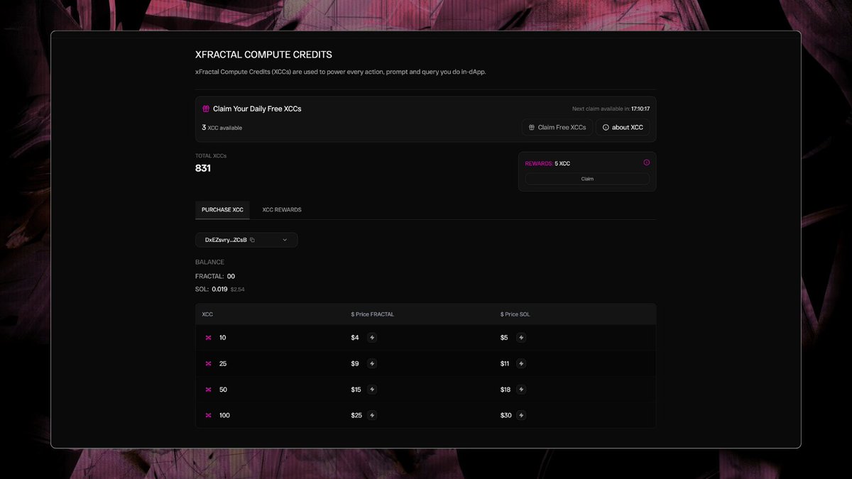 xFractalDotFun's tweet image. ICYMI, XCC (xFractal Compute Credits) are used as the computing power units behind our data engine.

XCC governs access to the system’s intelligence layer. every analysis, research query to our NLP, dashboard access or wallet breakdown consumes compute credits. 

p.s. XCCs are…