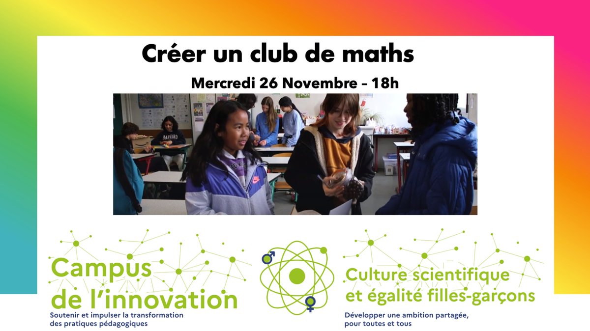 HalougiL's tweet image. 🗓 Mercredi 26 novembre, webinaire &quot;créer un club de maths&quot; dans la Communauté de l&apos;Innovation.

- pour voir les maths autrement
- pour toutes et tous
- avec ou sans budget

Inscription ici 👇
partage02.magistere.apps.education.fr/course/view.ph…

#maths #clubmaths 
#PlanMaths #PlanFillesEtMaths

#CampusInno