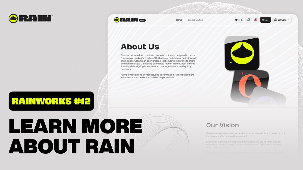 Rain__Protocol's tweet image. RAINWORKS #12: Learn more about Rain

Everything you need to know about Rain starts with our website.

The homepage tells the story: what Rain is, what we’re building, and why it matters. The “About” section goes deeper into the protocol, our vision, and how fees work across the…