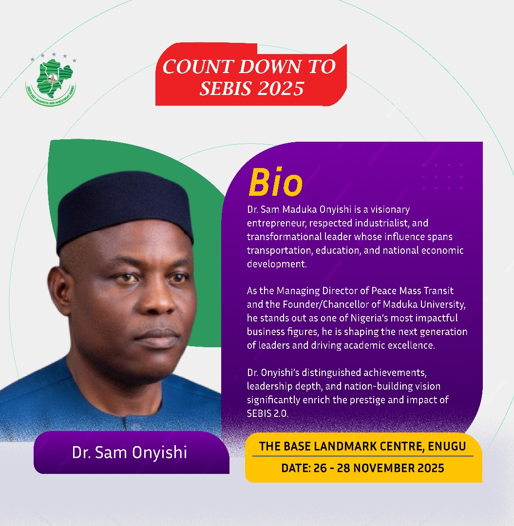 📢 COUNTDOWN TO SEBIS 2025!

Meet some of the South East Most Revolutionary Investors who will be at SEBIS 2.0 live at Enugu. 

They are doing unimaginable great investments in Igbo heartland quietly. They are determined, to remake the South East as Economic powerhouse and
