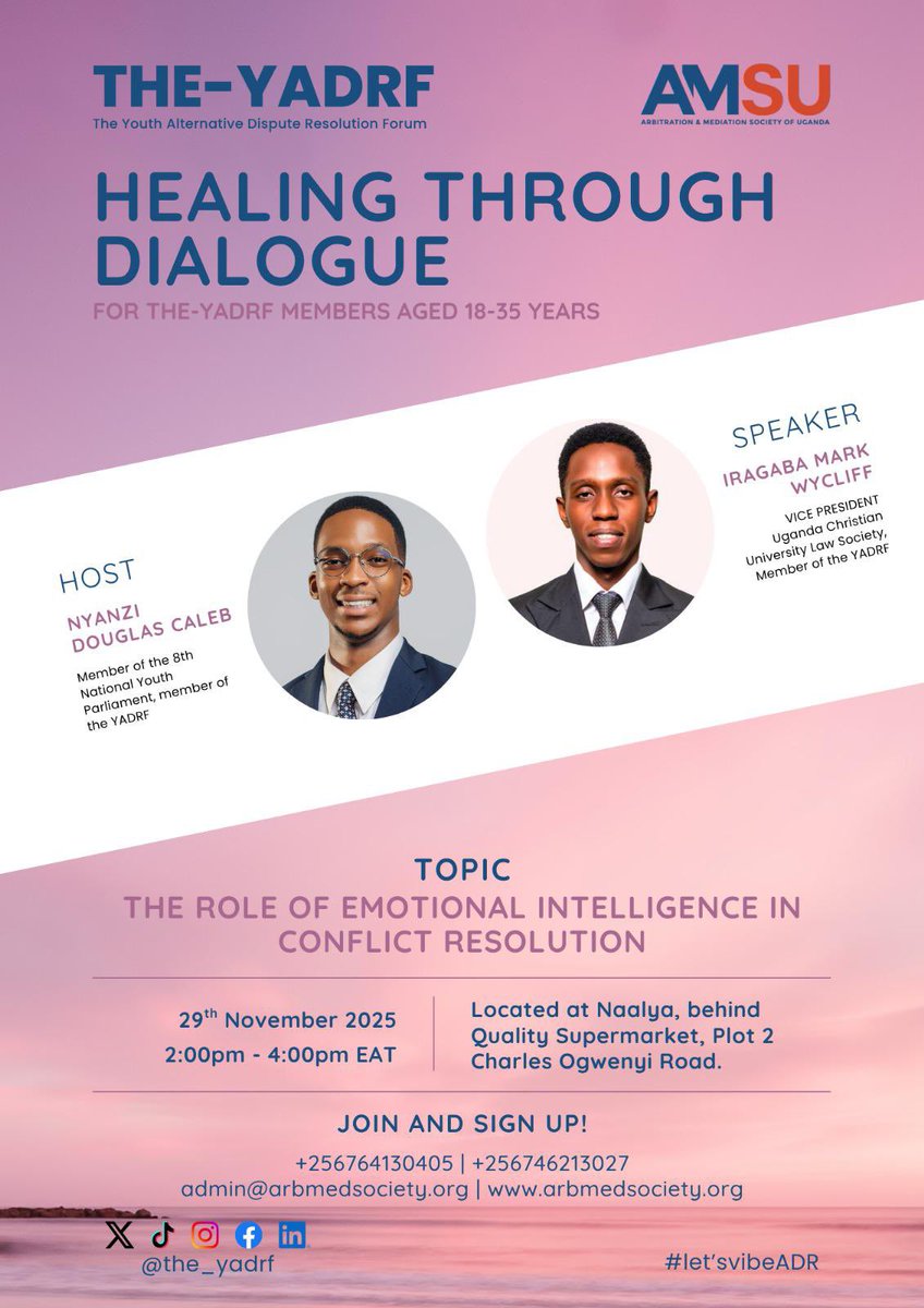 The_YADRF's tweet photo. 🌿 Healing Through Dialogue. 
Emotional intelligence is becoming one of the most decisive skills in resolving conflict at work, in communities, and in leadership.

On 29th November 2025, we gather for a powerful session on “The Role of Emotional Intelligence in Conflict Resolution.”

A thoughtful conversation hosted by Nyanzi Douglas Caleb, with insights from Iragaba Mark Wycliff.

🕒 2:00pm – 4:00pm EAT
📍 Naalya, behind Quality Supermarket, Plot 2 Charles Ogwenyi Road

Join us for an afternoon of learning, openness, and transformational dialogue.

#EmotionalIntelligence #ConflictResolution #LeadershipDevelopment
#LetsVibeADR