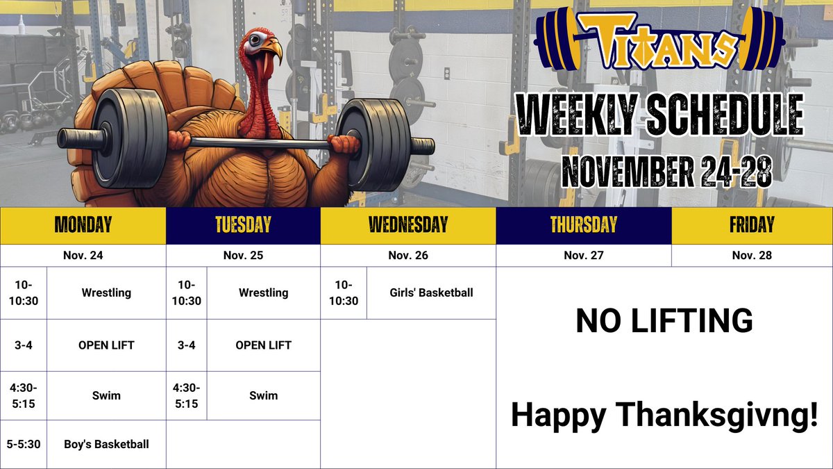 OGHS_SC's tweet image. Happy Thanksgiving!

This week will be a little different with no school going on. &quot;Open Lift&quot; is an opportunity for Off-Season athletes to still get in the weight room this week. The weight room will be supervised by coaches, but there will be no organized workouts.